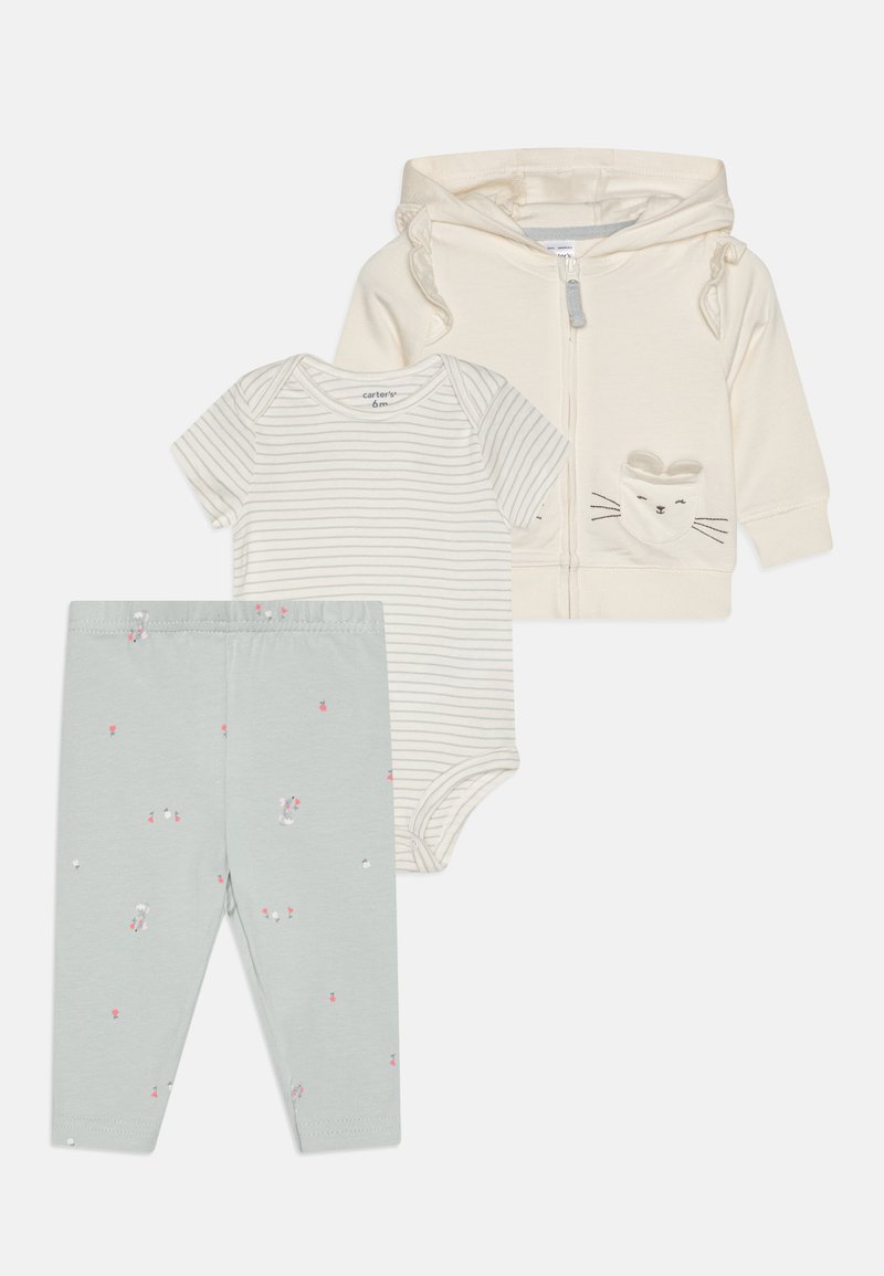 Three-piece baby outfit: cream zip-up hoodie with cat face detail, striped bodysuit, and mint green pants with floral print.