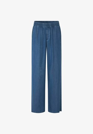 Pantaloni din denim cu picioare largi și talie elastică, de culoare bleumarin medie, cu buzunare laterale și o textură netedă.