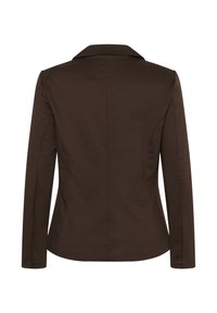 Blazer ajusté marron foncé à manches longues avec une couture au dos, vu de dos sur fond blanc.