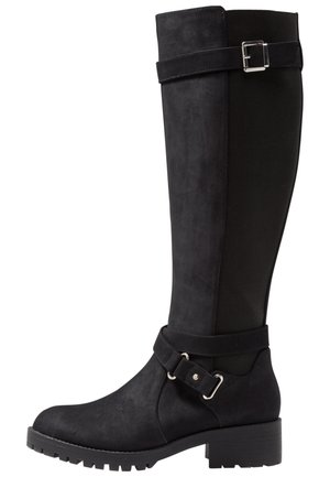 Knee-high black boots with a suede finish and elastic side panels. Features a buckled strap across the ankle and textured rubber sole.