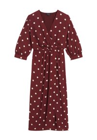 Langes burgunderfarbenes Kleid mit Wickeldesign, weißen Punkten, tiefem V-Ausschnitt und dreiviertellangen Puffärmeln. Verfügt über eine gebundene Taille zur Anpassung.