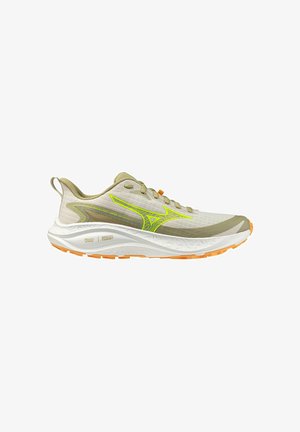 Beige and lime green running shoe with thick white sole and orange tread, side view showing laces and pull tab on heel.