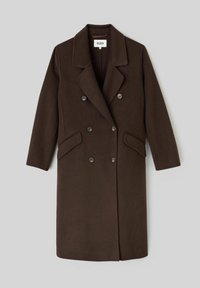 Manteau marron croisé avec un col cranté et deux poches latérales. Confectionné dans un tissu texturé avec des boutons décoratifs sur le devant.