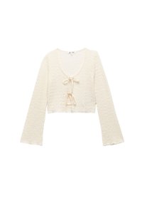 Maglione corto color crema con maniche lunghe e svasate, motivo testurizzato e dettaglio con laccetto al collo.