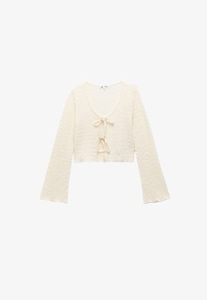 Cream-colored cropped sweater with long, flared sleeves, textured pattern, and a tie detail at the neckline.