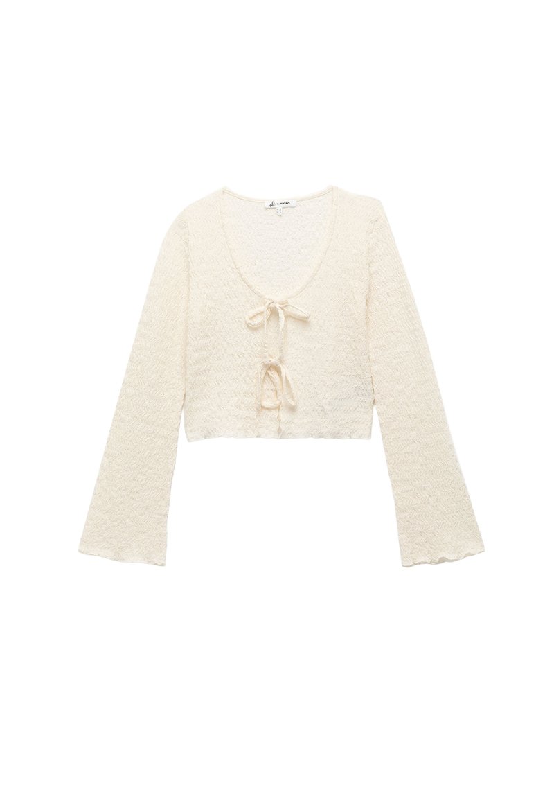 Maglione corto color crema con maniche lunghe e svasate, motivo testurizzato e dettaglio con laccetto al collo.