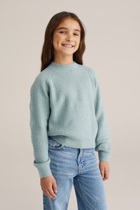 Šviesiai mėlynas megztinis su raštu, apvali iškirptė ir ilgomis rankovėmis, derinamas su šviesiai mėlynomis džinsinėmis kelnėmis, papuoštomis akcentais.