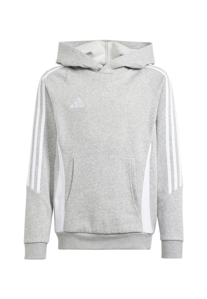 Grau Hoodie mit Kängurutasche, weißem Drei-Streifen-Design an den Ärmeln und einer Kordelzugkapuze; aus weichem, strukturiertem Material gefertigt.