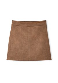 Falda de cuero sintético marrón con un patrón texturizado de cocodrilo, que presenta un diseño ajustado y un cierre de cremallera en la parte posterior.