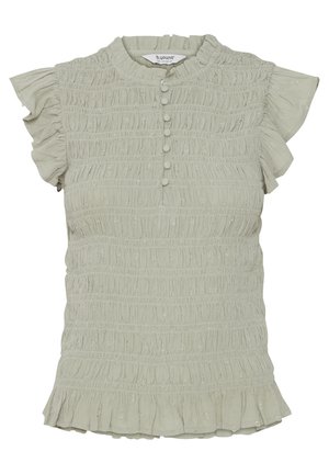 Bluză verde deschis, texturată, cu mâneci volan și guler înalt, detaliu cu nasturi în față. Are un tiv cu volane stratificate.