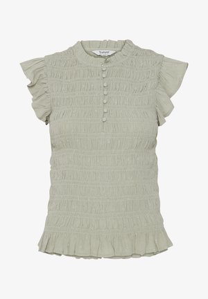 Bluză verde deschis, texturată, cu mâneci volan și guler înalt, detaliu cu nasturi în față. Are un tiv cu volane stratificate.