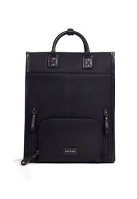 Black backpack made of nylon, featuring a smooth texture, top handle, front zip pocket, and metal accents. Simple rectangular design.