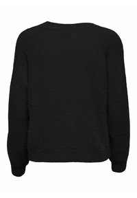 Pull noir à coupe décontractée, en tissu texturé, avec un ourlet et des poignets côtelés. Il présente un col rond simple. Aucune décoration visible.