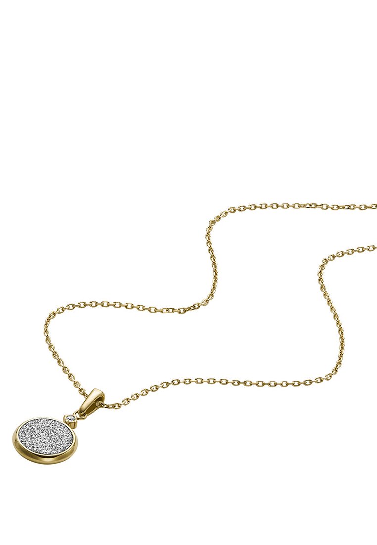 Złoty naszyjnik z okrągłym wisiorkiem o fakturowanej, błyszczącej powierzchni, zawieszony na ogniwowym łańcuszku.