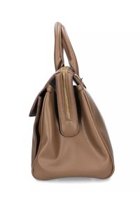 Borsa a mano in pelle marrone con forma strutturata, doppie maniglie e una zip dorata prominente sul lato. Texture liscia, dettagli minimi.
