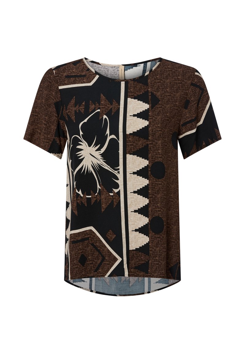 Gemustertes kurzärmliges Hemd mit einem braun-schwarzen Farbschema, geometrischen Designs und einem floralen Akzent in Beige. Rundhalsausschnitt und entspannte Passform.