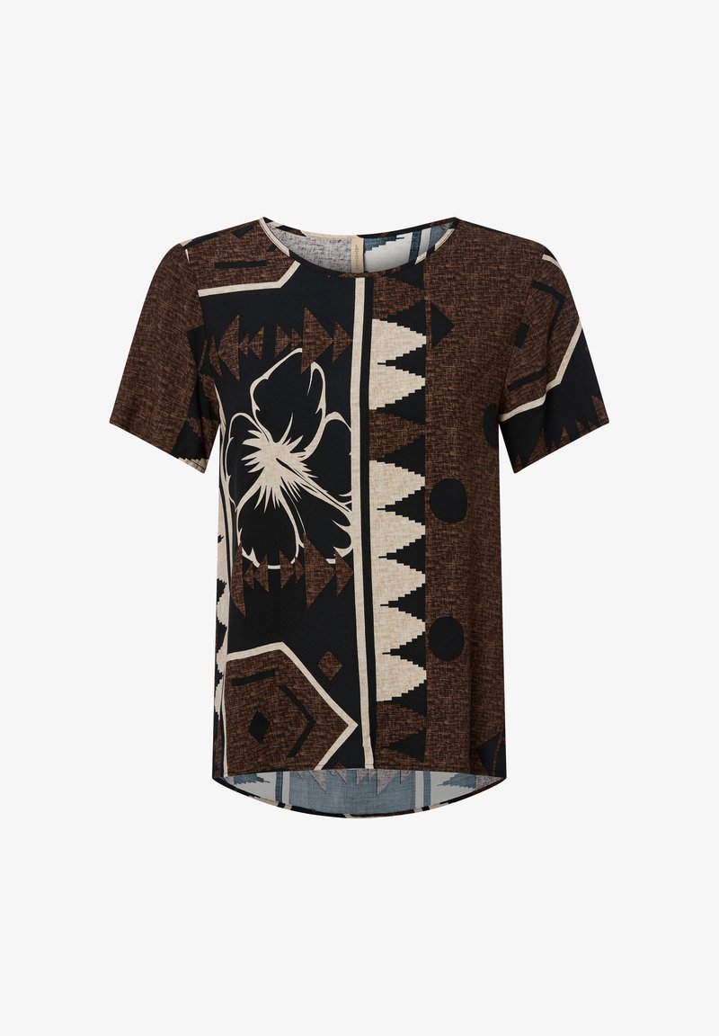 Gemustertes kurzärmliges Hemd mit einem braun-schwarzen Farbschema, geometrischen Designs und einem floralen Akzent in Beige. Rundhalsausschnitt und entspannte Passform.