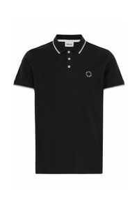 Svart polo skjorte laget av bomull, med hvite stripeaccenter på kragen og ermet, tre knapper foran, og et sirkulært logo på brystet.
