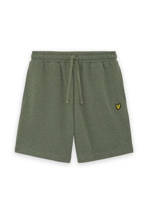 Olijfgroene casual shorts met elastische taille, trekkoord, zijzakken en een klein geel vogellogo op de rechterdij.