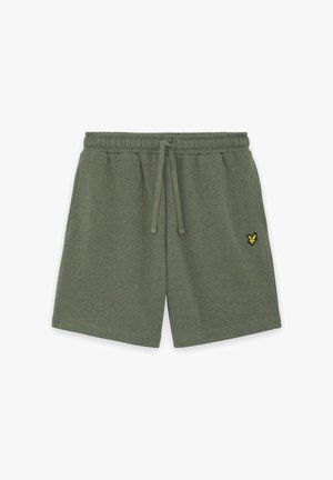 Olijfgroene casual shorts met elastische taille, trekkoord, zijzakken en een klein geel vogellogo op de rechterdij.