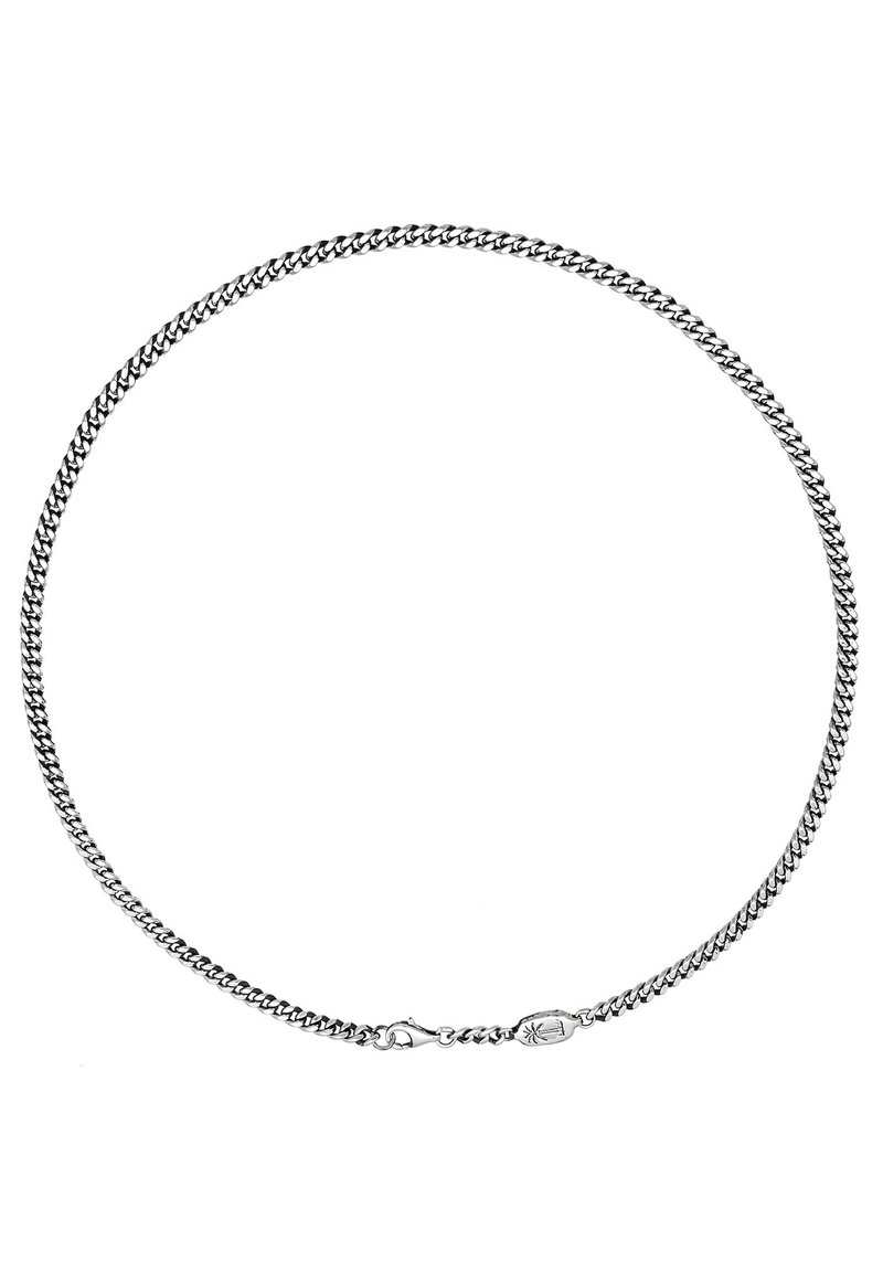 Collana in argento con maglie intrecciate, caratterizzata da una finitura liscia e da una chiusura a moschettone. Il diametro è uniforme in tutta la lunghezza.