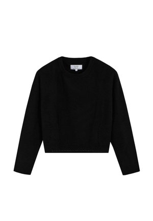 Schwarzer Pullover mit Rundhalsausschnitt und langen Ärmeln, mit geripptem Saum und Bündchen, hergestellt aus feinem Strickstoff.