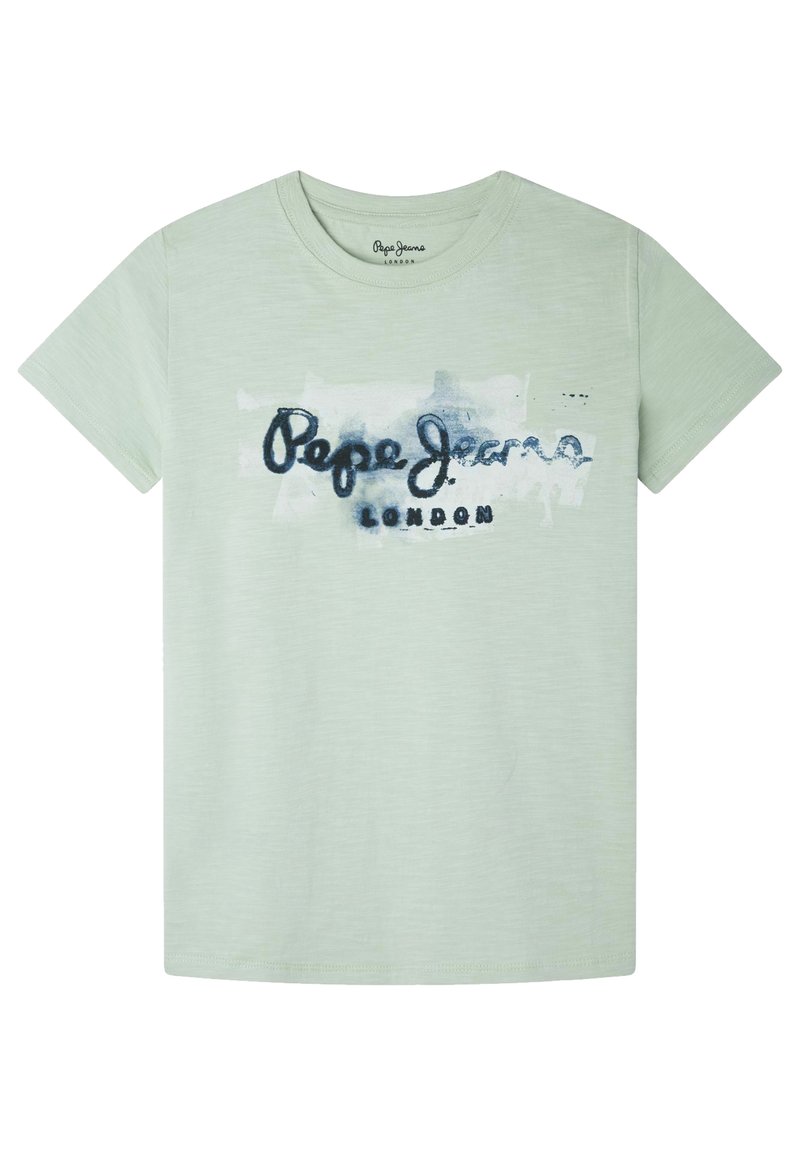 Světle zelené bavlněné tričko s modro-černým potiskem "Pepe Jeans London" na přední straně. Krátké rukávy a kulatý výstřih.