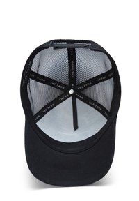 Black cap with mesh back, curved bill, and adjustable strap. Interior features a circular pattern with "THE FARM" logo accents.
