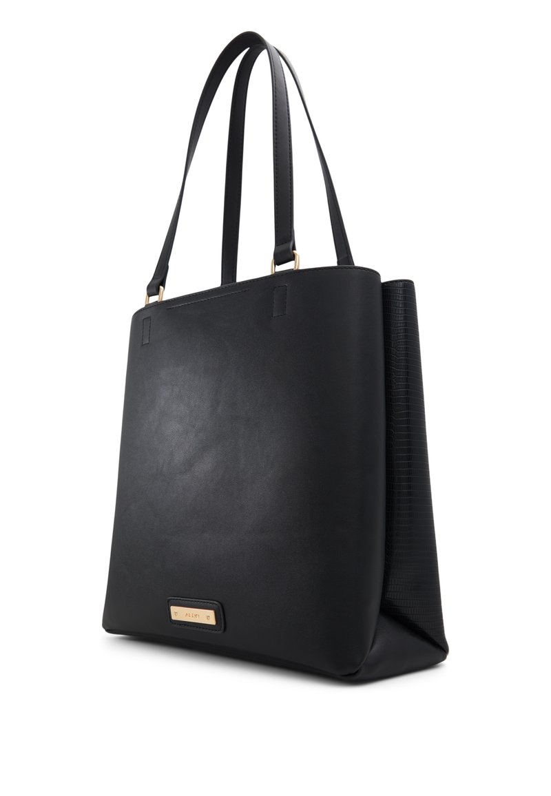 Bolso tote de cuero negro con textura suave, forma rectangular, asas dobles, herrajes dorados y un panel lateral estampado para contraste.