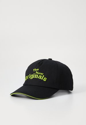 Black baseball cap featuring green embroidery of "The New Originals" text, with a curved visor and contrasting green stitching.
