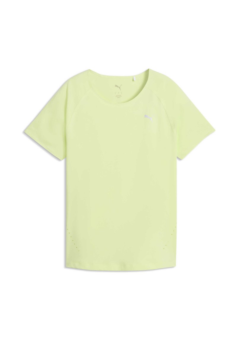 Maglietta sportiva a maniche corte di colore giallo chiaro, realizzata in tessuto liscio, con scollatura rotonda e piccoli fori di ventilazione all'orlo.