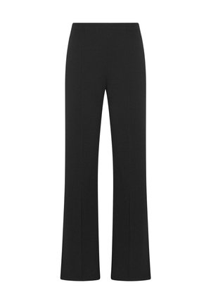 Pantaloni neri a gamba dritta con vita alta e sottili cuciture verticali, mostrati su uno sfondo bianco.