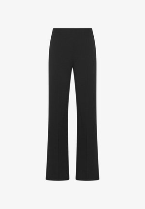 Schwarze, gerade geschnittene Hose mit hoher Taille und dezenten vertikalen Nähten, präsentiert vor weißem Hintergrund.