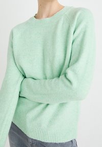 Person som bär en ljusgrön stickad tröja med ribbad krage och ärmar, tillsammans med grå byxor, mot en plain vit bakgrund.