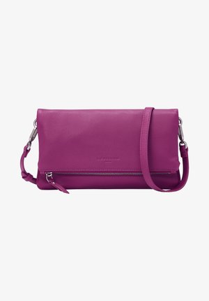 Purple leather crossbody bag with fold-over flap, silver zipper pocket, and adjustable strap with metal clasps.