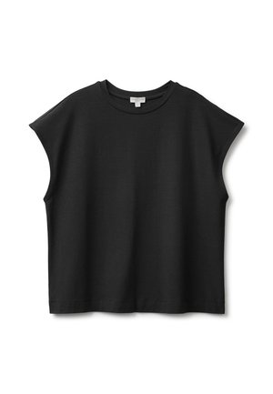 Schwarzes ärmelloses Baumwolltop mit Rundhalsausschnitt, lockerem Sitz und minimalistischem Design, dargestellt vor weißem Hintergrund.