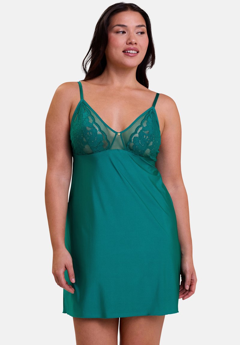 Green nightdress featuring a sheer lace top, adjustable straps, a smooth satin-like body, and a flowy skirt with a soft texture.
