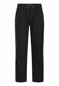 Black, lightweight trousers with an elastic waistband, adjustable drawstring, and straight-leg design. Soft texture with a smooth finish.