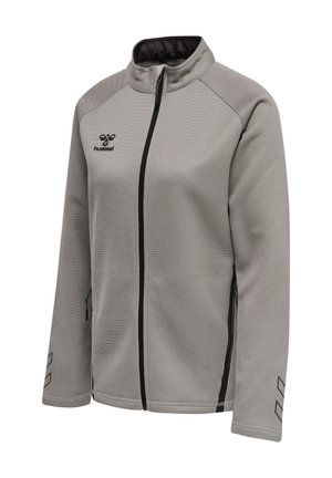 Hellgraue Zip-Jacke mit schwarzem Reißverschluss und Seitentaschen, langen Ärmeln mit Chevron-Design und Hummel-Logo auf der linken Brust.