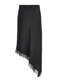 Jupe asymétrique noire avec bordure en dentelle le long de l'ourlet incliné, en tissu lisse et soyeux avec une taille cintrée.