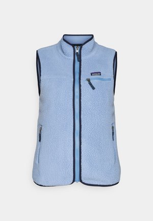 Light blue fleece vest with navy trim, front zipper, zippered chest pocket, and two side zip pockets, Patagonia logo on chest.