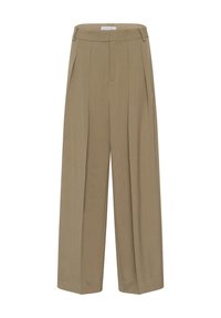 Beige weit geschnittene Hose aus strukturiertem Stoff, mit hoher Taille, Falten und einem klaren, strukturierten Design. Maßgeschneiderter Abschluss ohne sichtbare Beschläge.