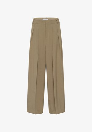 Beige weit geschnittene Hose aus strukturiertem Stoff, mit hoher Taille, Falten und einem klaren, strukturierten Design. Maßgeschneiderter Abschluss ohne sichtbare Beschläge.