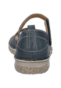 Sininen nahkasaapas avoimella takapohjalla ja sivuhihnoilla. Ominaisuuksina kontrastivärinen ommel ja teksturoitu vaaleanvärinen pohja.