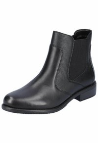 Schwarze Chelsea-Stiefel aus glattem Leder mit strukturierten Seitenpaneelen und elastischen Einsätzen. Verfügt über einen niedrigen Blockabsatz und eine runde Zehenform.