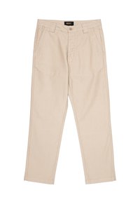 Chinos beige a gamba dritta in cotone, dotati di due tasche frontali, chiusura con bottone e etichetta in legno sulla vita.
