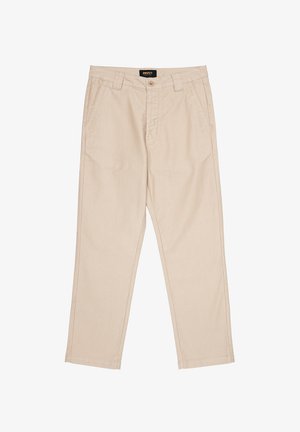 Chinos beige a gamba dritta in cotone, dotati di due tasche frontali, chiusura con bottone e etichetta in legno sulla vita.