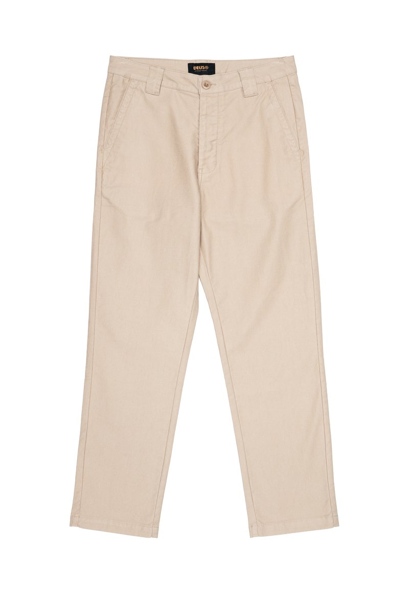 Chinos beige a gamba dritta in cotone, dotati di due tasche frontali, chiusura con bottone e etichetta in legno sulla vita.