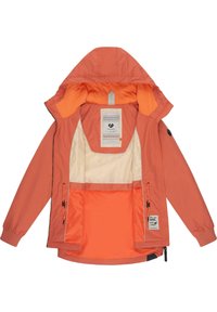 Kerge kapuutsiga jakk korallivärvi, millel on kontrastne oranž vooder, elastsed mansetid, tõmblukuga taskud ja siseruumis paiknev plaasterlabel.