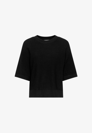 Zwarte korte mouw gebreide trui met geribde ronde hals, mouwboorden en zoom, afgebeeld op een witte achtergrond.